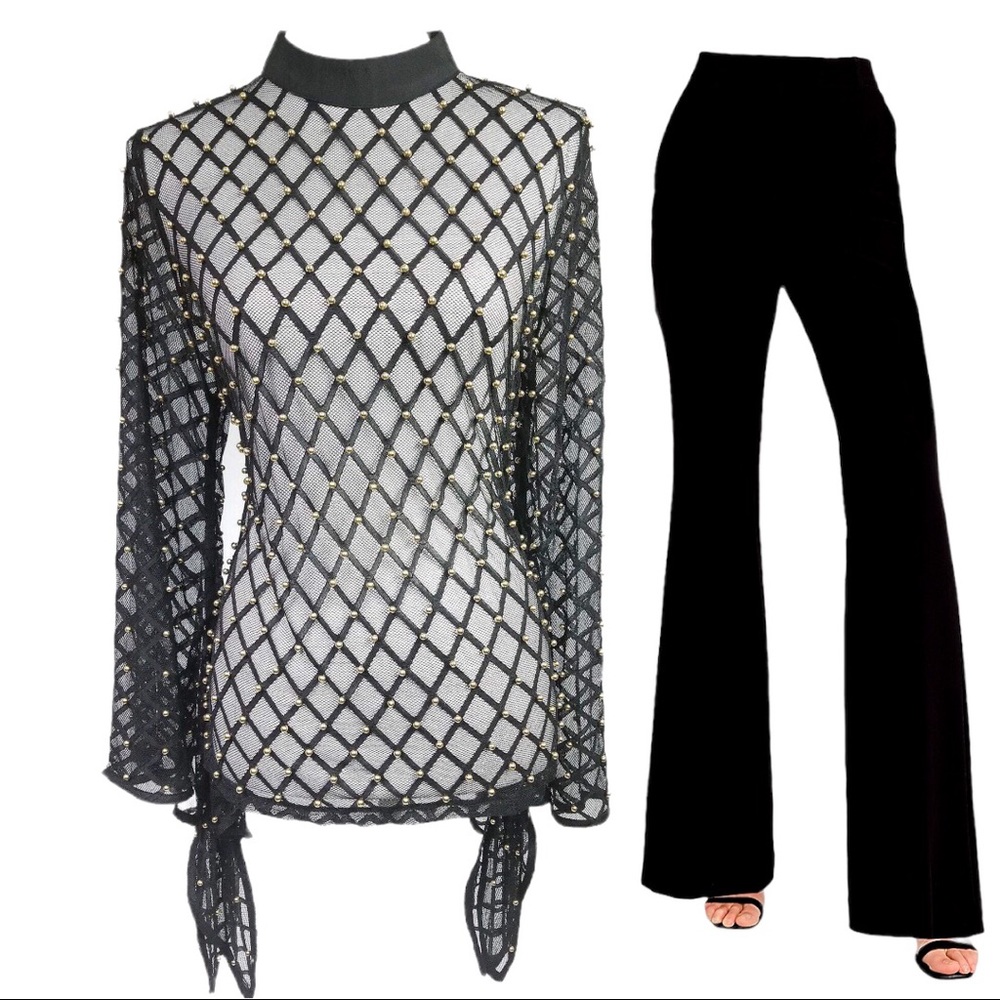 Sheer Black Muted Bead Mock Turtleneck Top